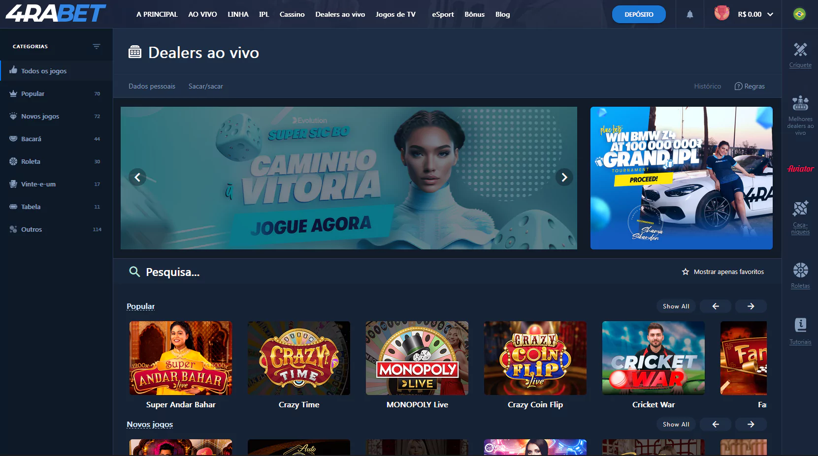 Tela da página do cassino ao vivo 4rabet