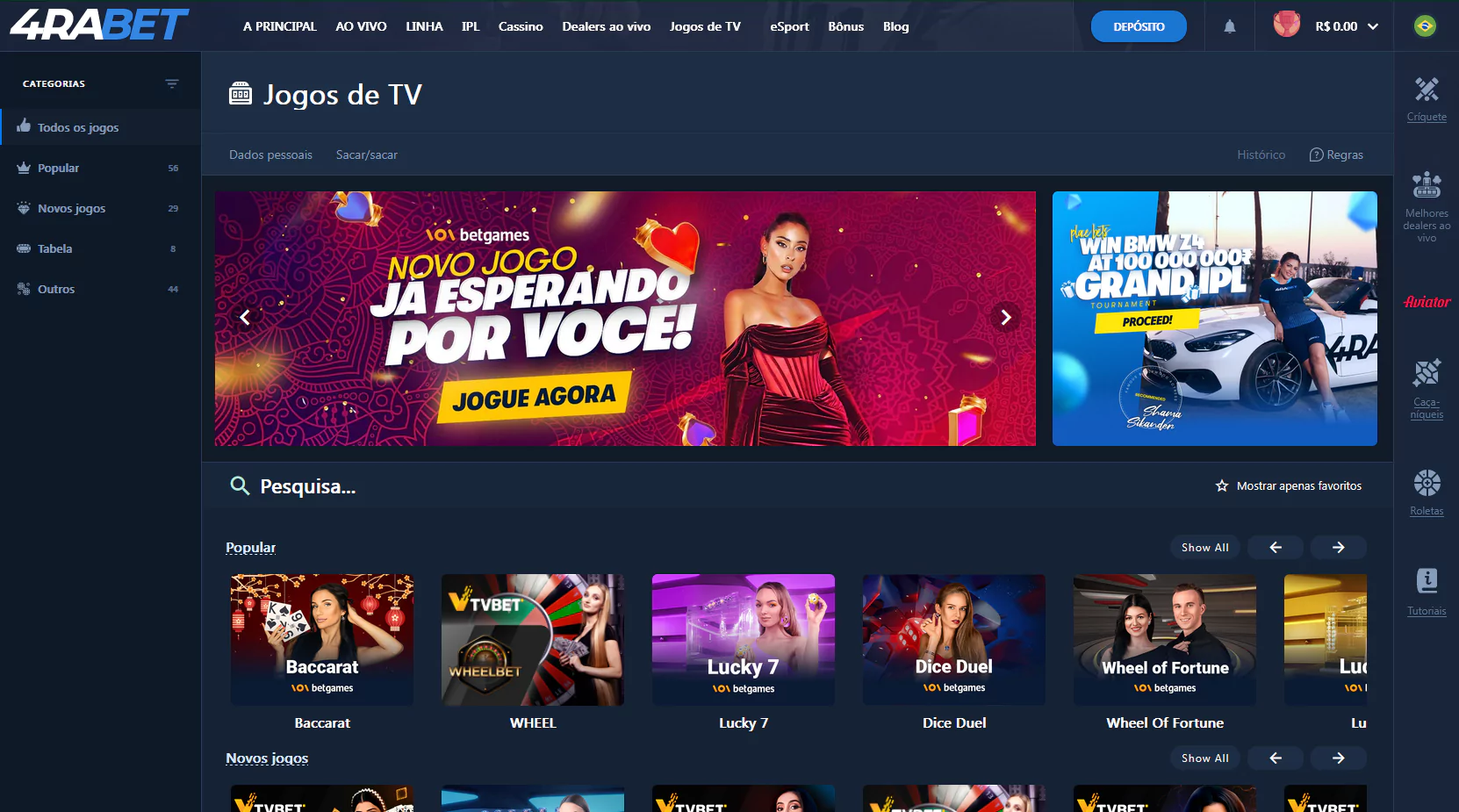 Tela da página do Jogos de TV 4rabet