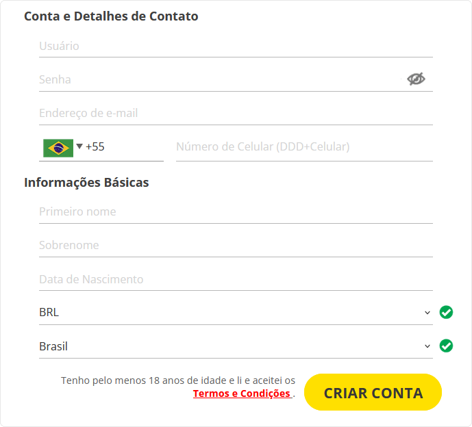 Formulário de registro de Dafabet