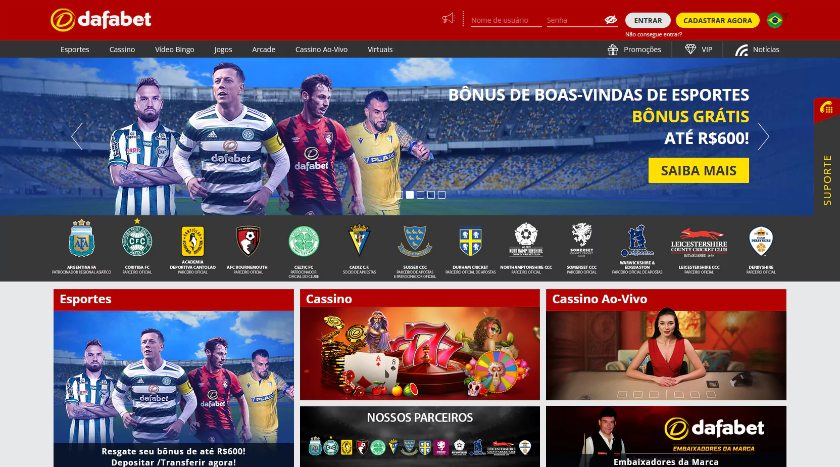 Captura de tela da página inicial da Dafabet
