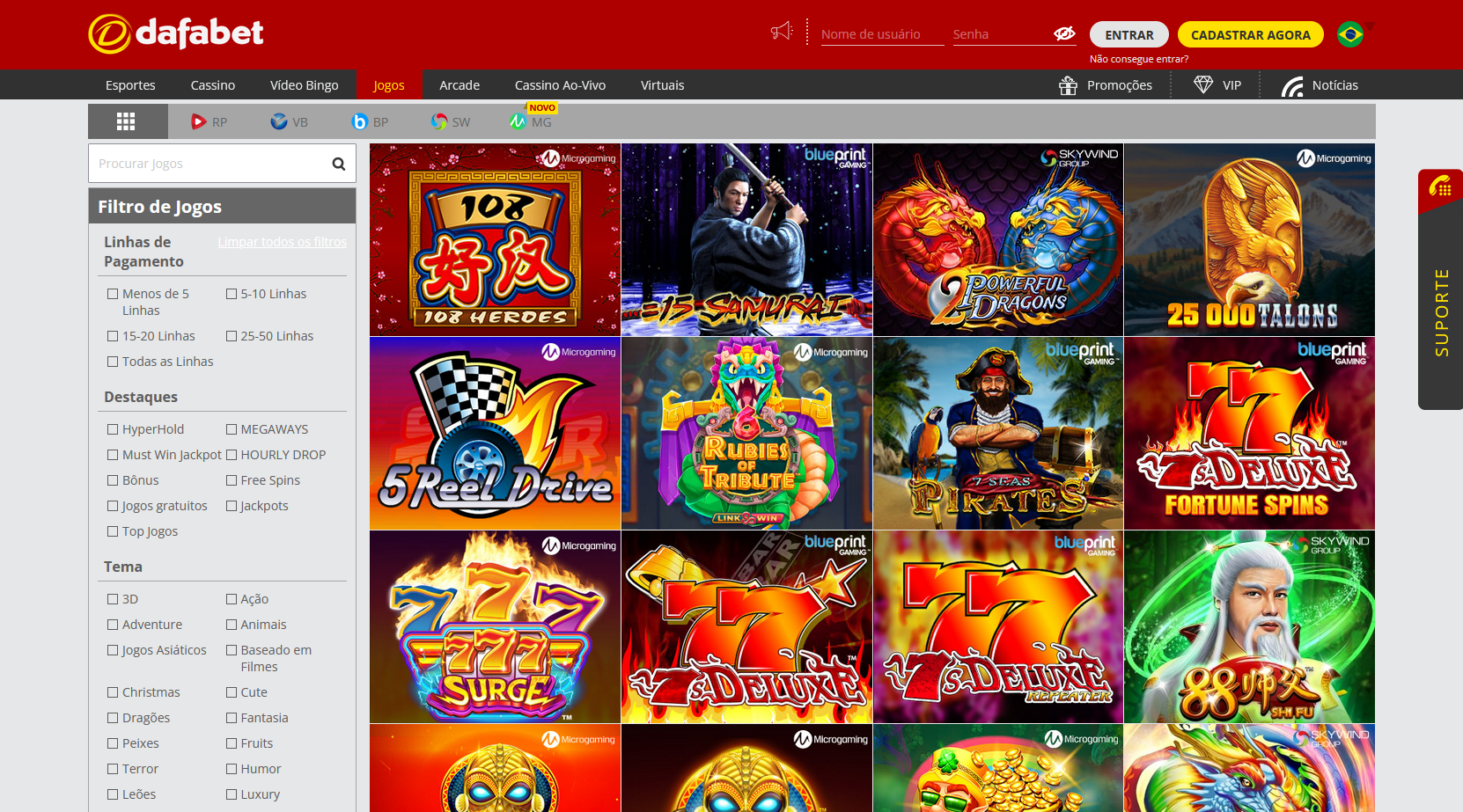 Captura de tela da página de jogos do Dafabet Cassino