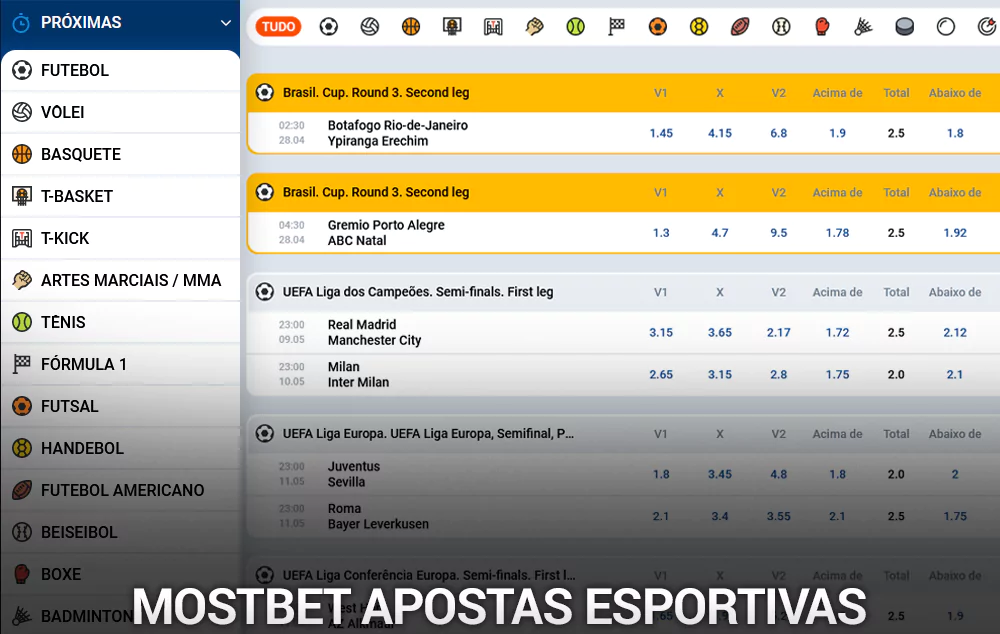 Seção de esportes da Mostbet