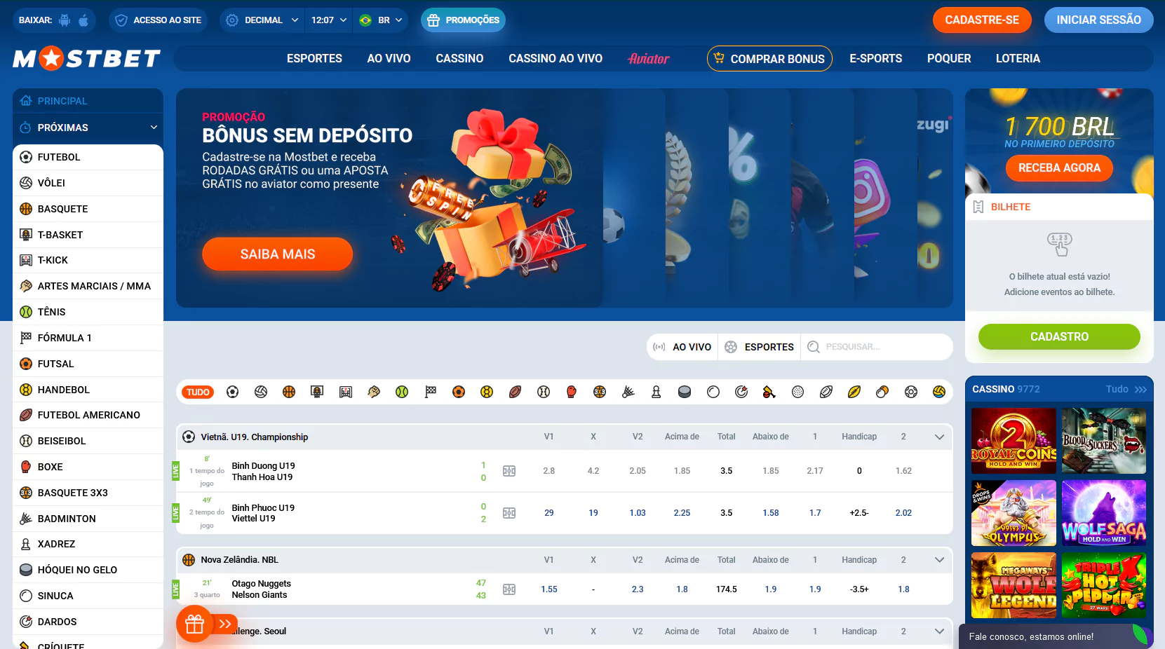 Captura de tela da página inicial da Mostbet
