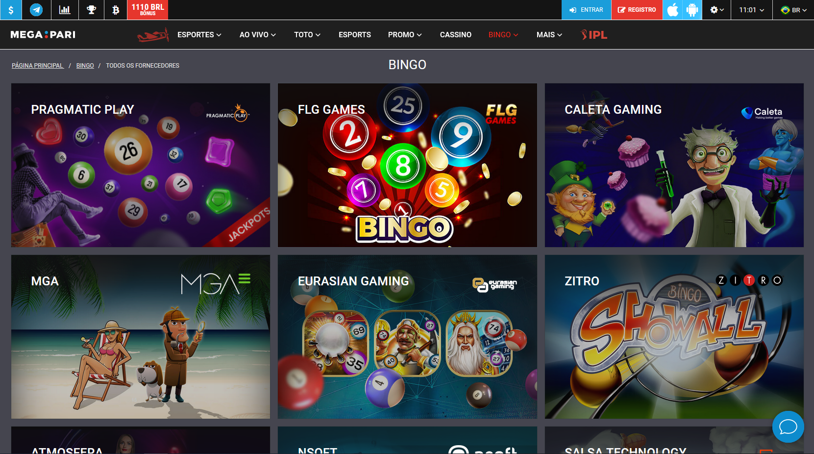 Captura de tela da página de jogos de bingo do cassino Megapari