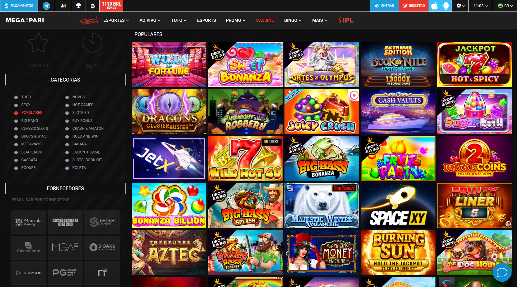 Captura de tela do restante da página de jogos do Megapari Cassino
