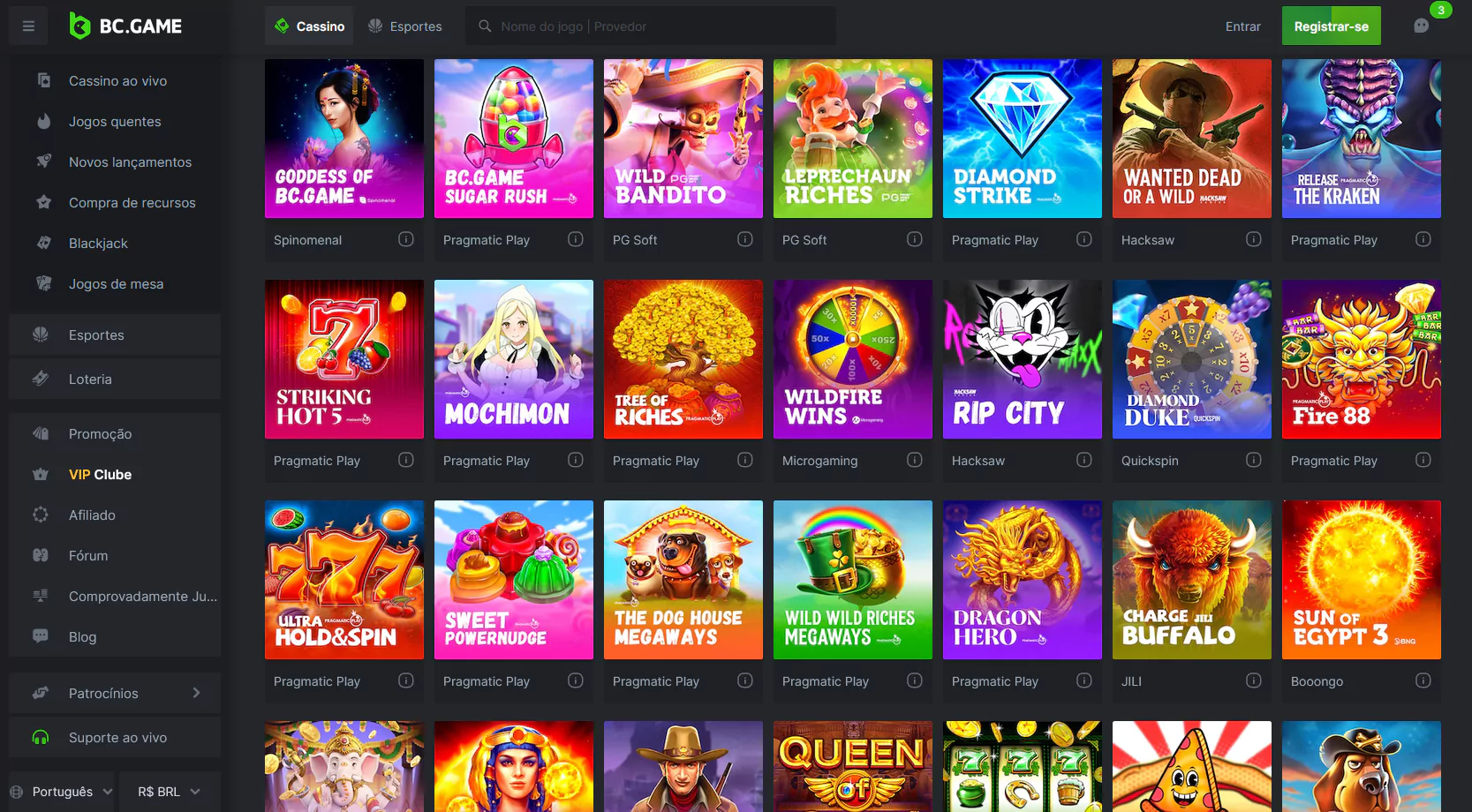 Captura de tela da página do BC.Game Cassino com todos os jogos