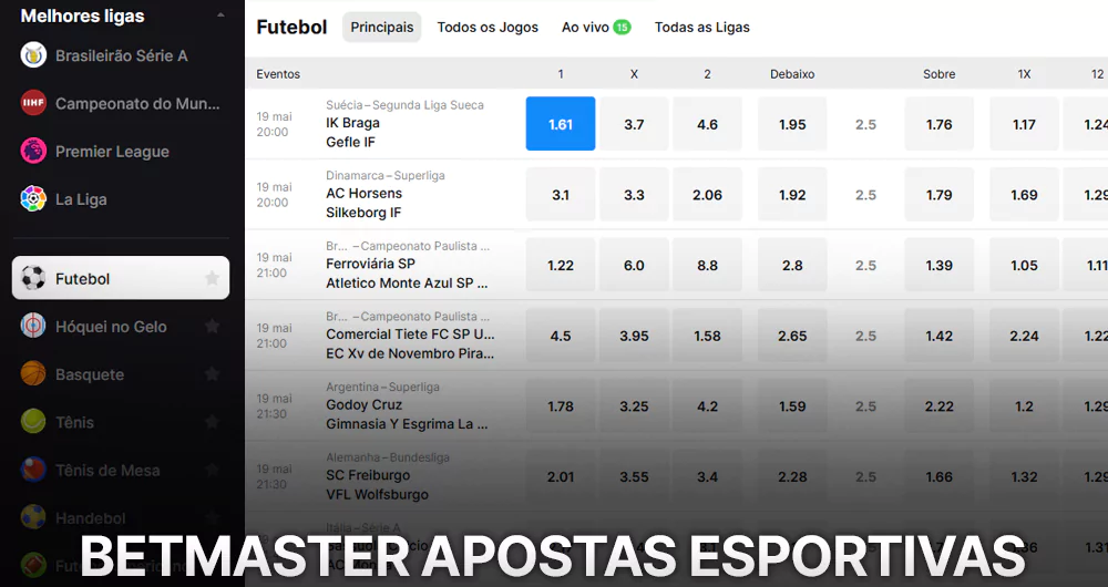 Seção de esportes da Betmaster