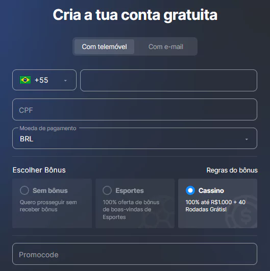 Formulário de registro de Betmaster