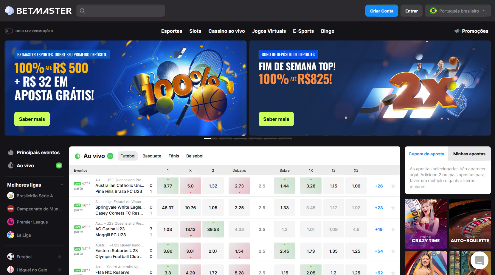 Captura de tela da página inicial da Betmaster