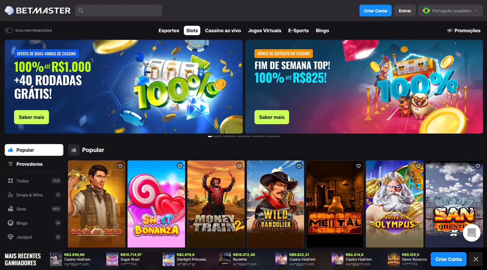 Captura de tela da página do Betmaster Cassino