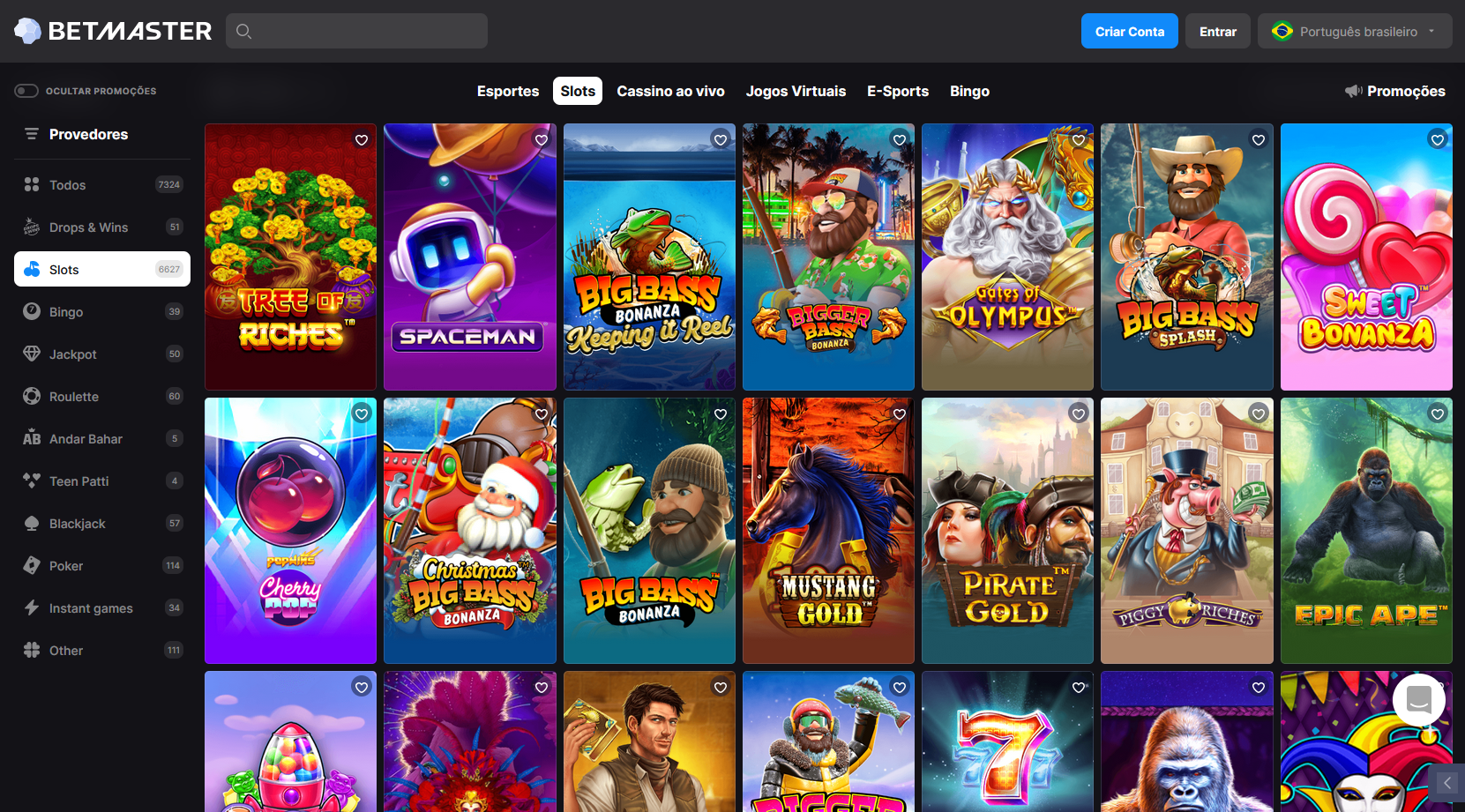Captura de tela da página do Betmaster Cassino com todos os jogos