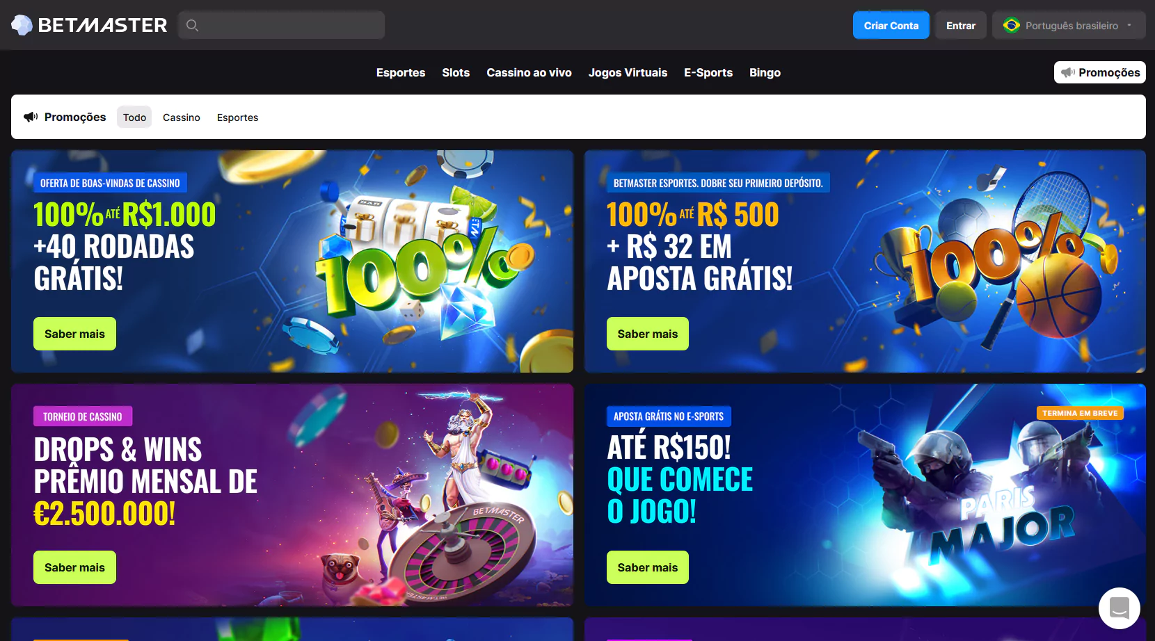 Captura de tela da página de bônus da Betmaster