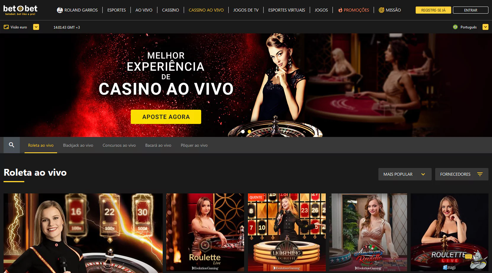 Captura de tela da página do Betobet cassino ao vivo
