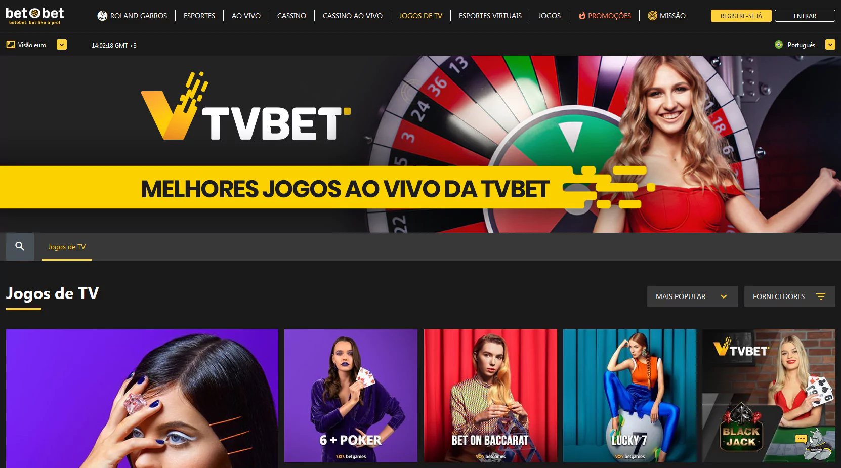 Captura de tela da página do Betobet TV Bet