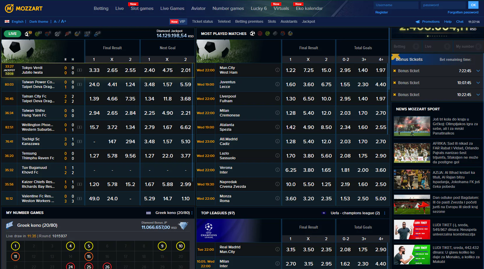 Captura de tela da página inicial da Mozzartbet