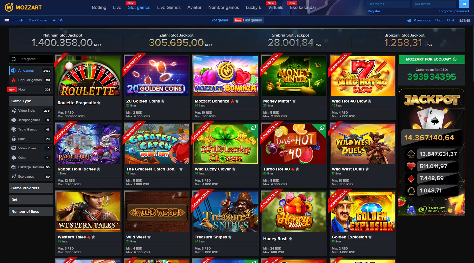 Captura de tela da página do Mozzartbet Cassino