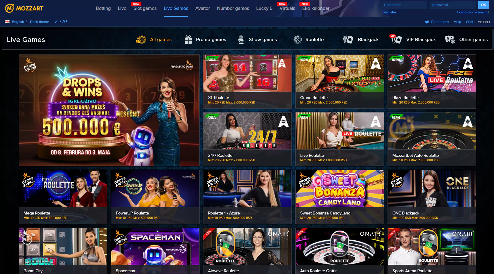 Captura de tela da página do Mozzartbet Cassino ao vivo