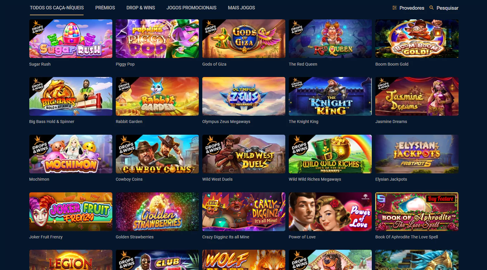 Captura de tela da página do Pinnacle Cassino com todos os jogos